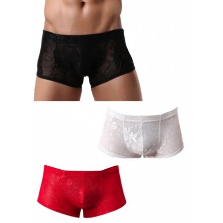 Shorty homme dentelle fleurie noir-rouge-blanc