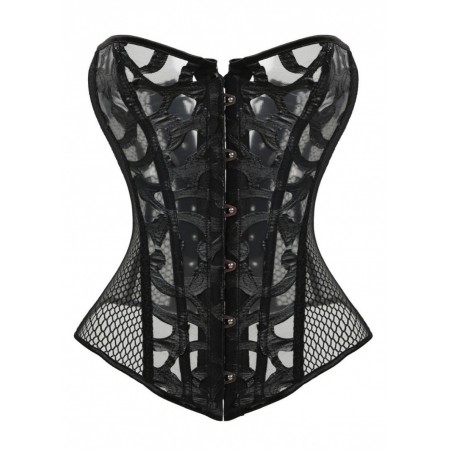 Bustier Angelina Tulle & aspect cuir noir attache busc et laçage dos - Sophie Libertine Vannes