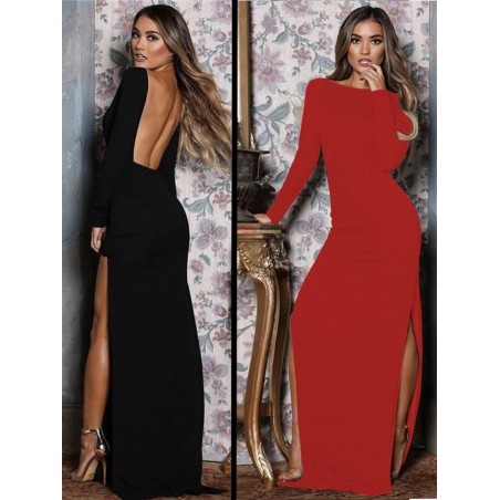 Robe longue fendue Nori manches longues et décolleté dos noir-rouge