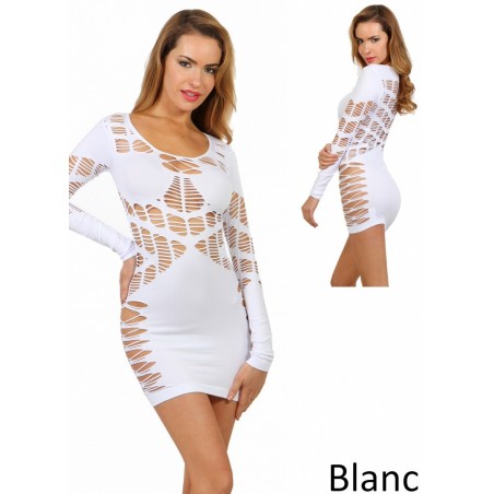 Robe sexy filet Spiderweb Manches longues blanc