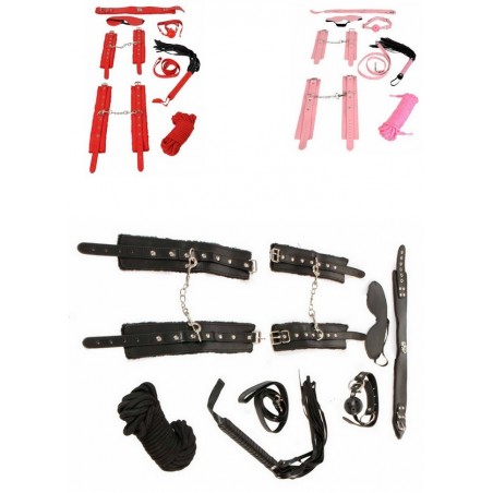 Kit bondage: Menottes-Baillon-Collier-Martinet-rose-rouge-noir