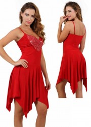 Robe rouge sexy pour femme strass poitrine et fines bretelles.