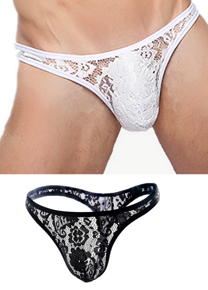 String homme travesti  dentelle transparente noir-blanc