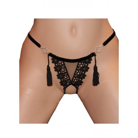 FoliesbyRenaud Mini String femme ouvert strass & pompon noir