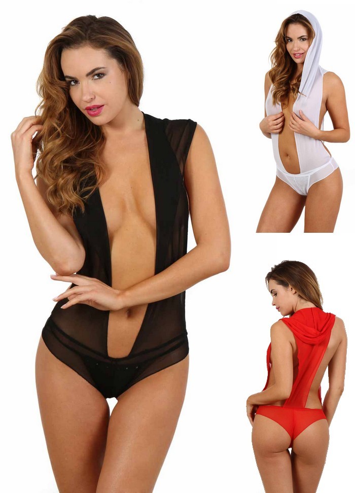 Body sexy en tulle noir a capuche transparent