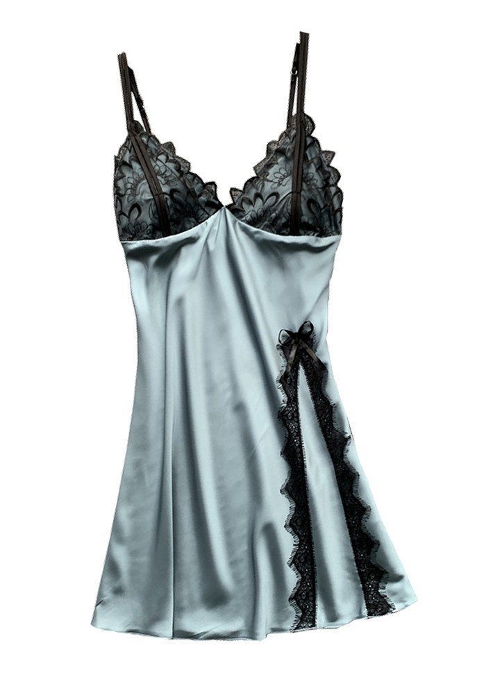 Nuisette pour femme en satin gris bleuté et dentelle noir