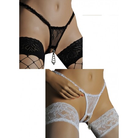 Mini string sexy en dentelle noire ou blanche avec bijou cravate en strass