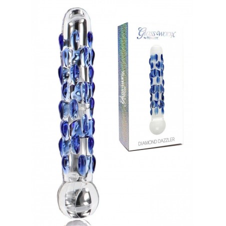 Gode en verre Diamond Dazzler transparent pois bleu