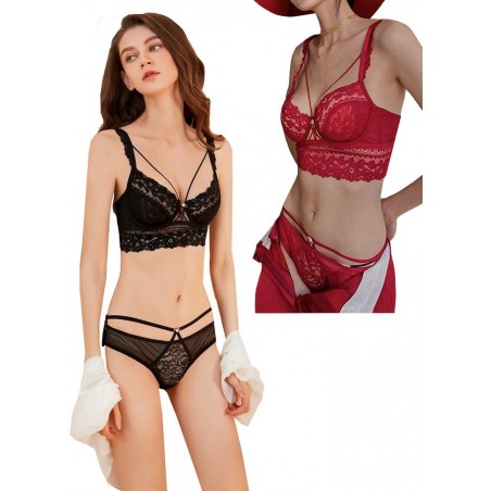 Ensemble de lingerie sexy pour femme en dentelle et tulle noir-rouge