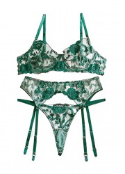 Ensemble lingerie sexy pour femme dentelle vert porte-jarretelles et string assorti