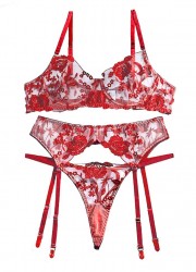 Ensemble lingerie sexy pour femme dentelle rouge porte-jarretelles et string assorti