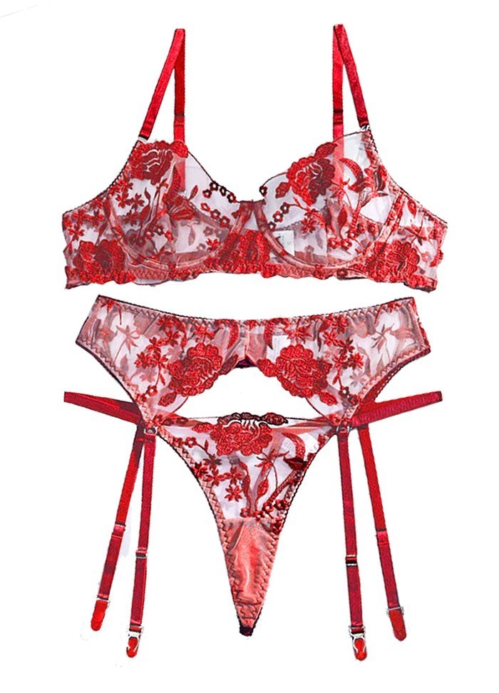 Ensemble lingerie sexy pour femme dentelle rouge porte-jarretelles et string assorti