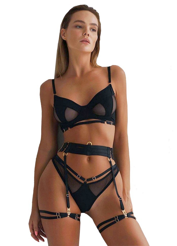 sophie libertine lingerie sexy pour femme ensemble porte jarretelle bondage noir-