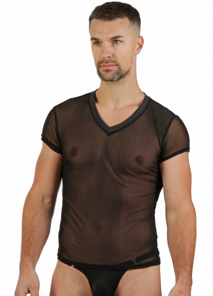 Tee shirt masculin en tulle noir transparent Sophie libertine vannes sexshop Morbihan en Bretagne