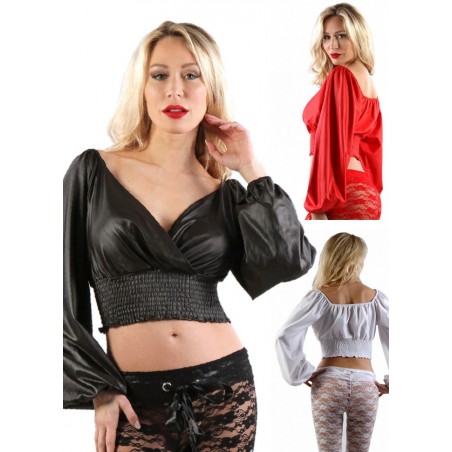 Top sexy pour femme en wetlook noir avec manches longues et décolleté poitrine