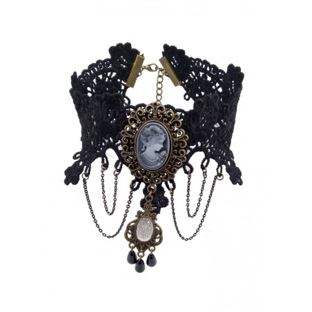 Collier en dentelle noir avec bijou camée Sophie Libertine Vannes