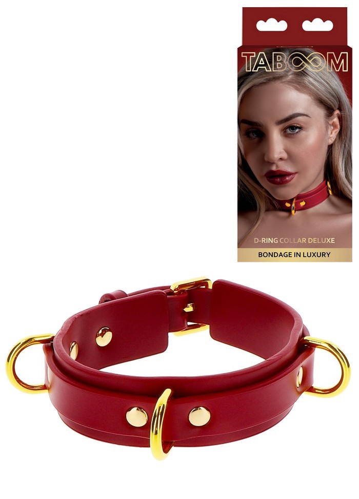 Joli collier de soumise en cuir rouge avec 3 anneaux attaches dorés