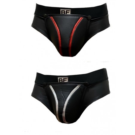 Slip homme zipp entre fesses et coque amovible Aspect cuir noir-rouge-argent