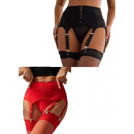 Porte jarretelle Serre-taille 6 jarretelles Tulle & dentelle-noir-rouge