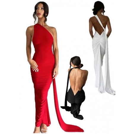 Robe longue très sexy avec un grand décollecte dos rouge-blanc-noir