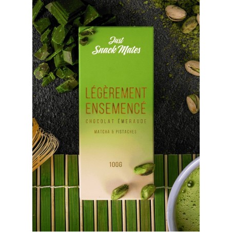 Chocolat aphrodisiaque vert au thé matcha et pistache en vente chez Sophie Libertine Vannes en stock et dispo de suite