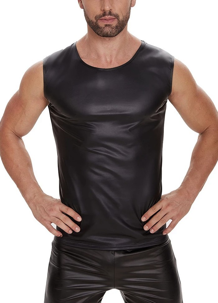T shirt sans manches pour homme en wetlook noir aspect cuir en vente chez Sophie Libertine Vannes