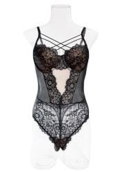 Lingerie sexy pour femme, body en dentelle noire doublé de tulle nude pour un jeu de contrastes