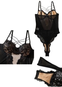 Body sexy pour femme en tulle transparent noir doublé de tulle nude vendu chez Sophie Libertine Vannes