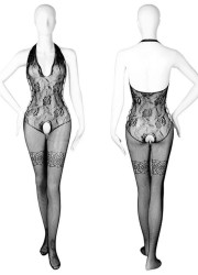 Lingerie coquine pour femme en résille noire, ouverture entre les jambes et dos nu - Sophie Libertine Vannes