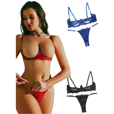 Lingerie coquine pour femme en dentelle rouge seins nu avec string ouvert en vente chez Sophie Libertine Vannes