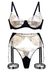 Ensemble de lingerie 5 pièces - en tulle transparent avec fil doré en vente chez Sophie Libertine