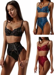 Ensemble de lingerie Candice 3 pièces-bleu-bordeaux-noir