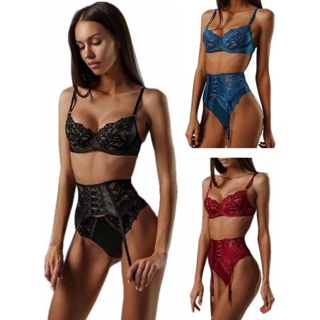 Ensemble de lingerie Candice 3 pièces-bleu-bordeaux-noir