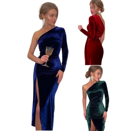 Robe mi-longue asymétrique en velours bleu, vert ou rouge bordeaux en vente à Vannes