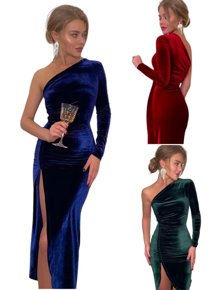 Robe mi-longue asymétrique en velours bleu, vert ou rouge bordeaux en vente à Vannes