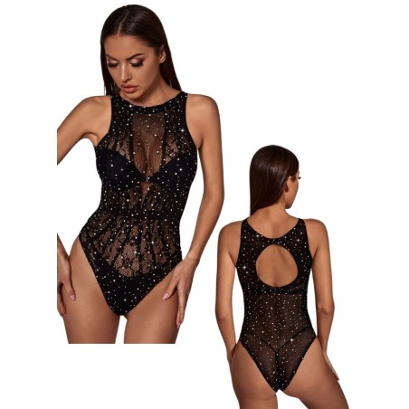 body sexy non ouvert a l'entrejambe en taille unique noir avec des strass brillants