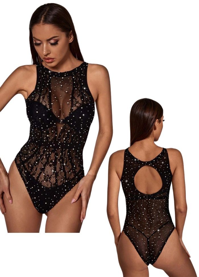 body sexy non ouvert a l'entrejambe en taille unique noir avec des strass brillants